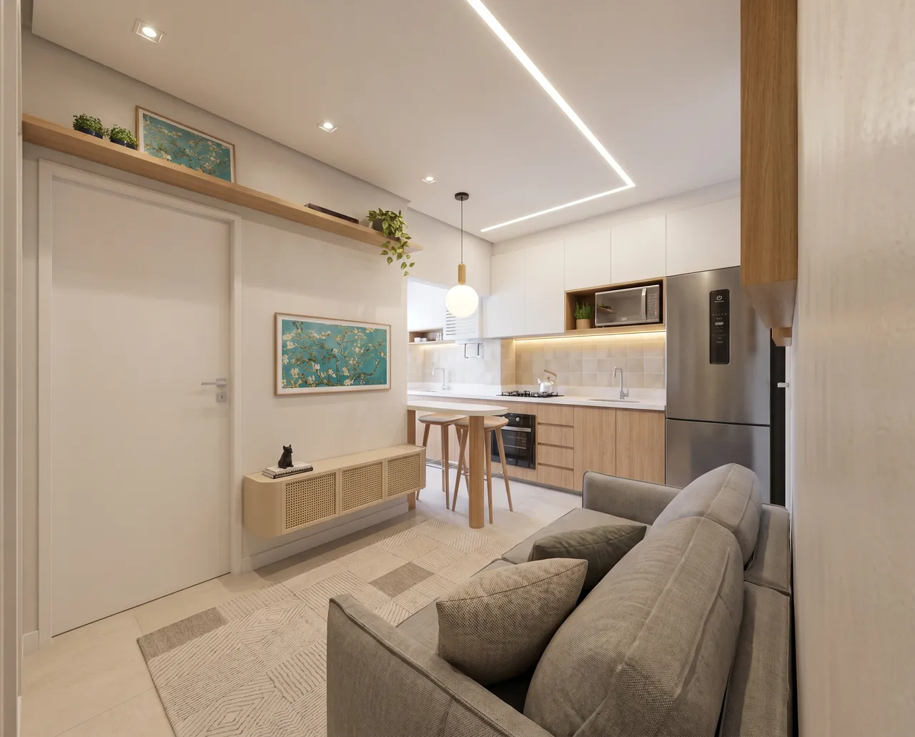 Living integrado com cozinha, marcenaria em madeira e iluminação embutida