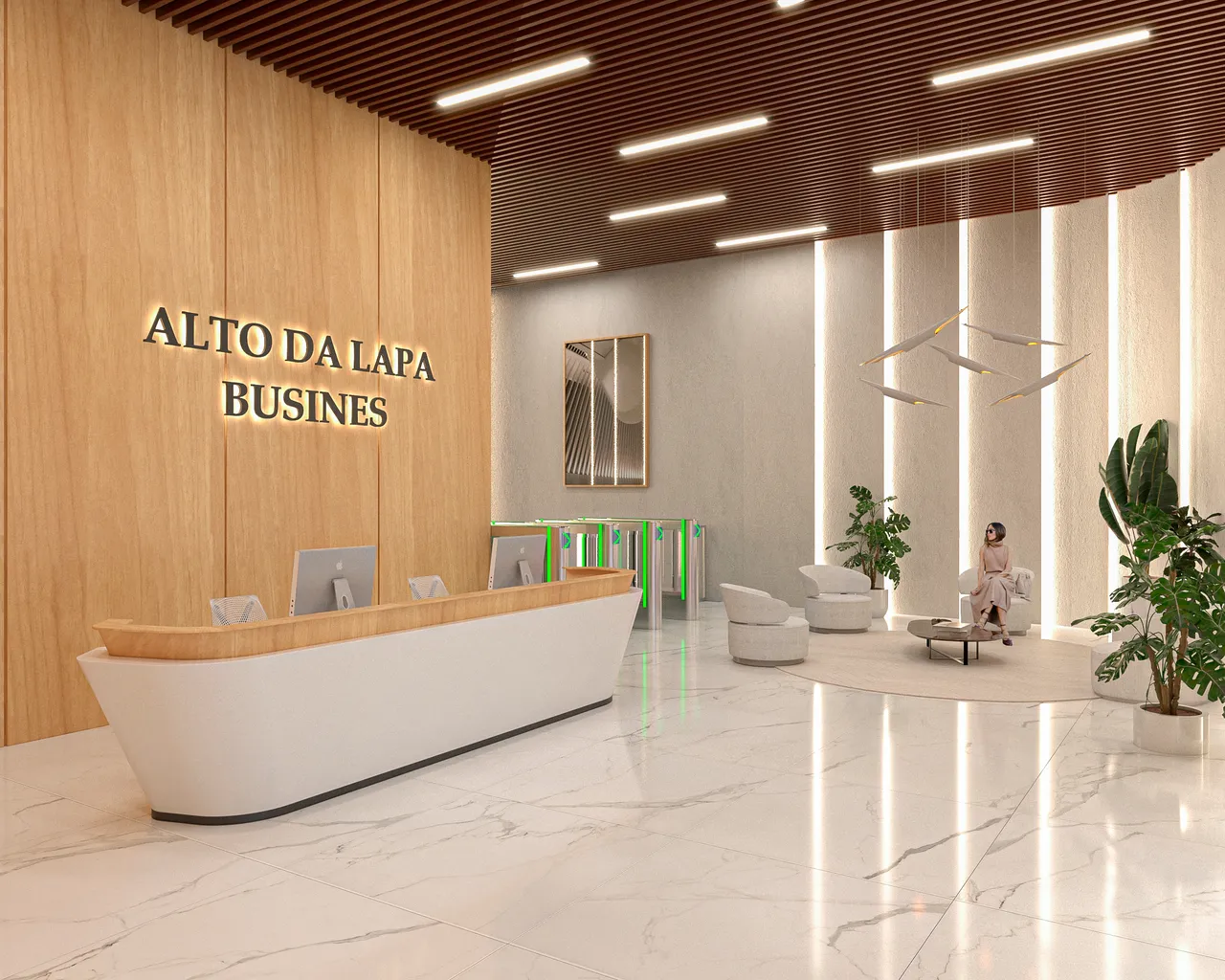 Recepção corporativa com painel de madeira, mármore e iluminação linear