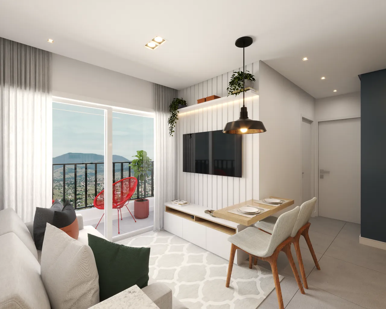 Sala de estar com varanda integrada e vista para a cidade
