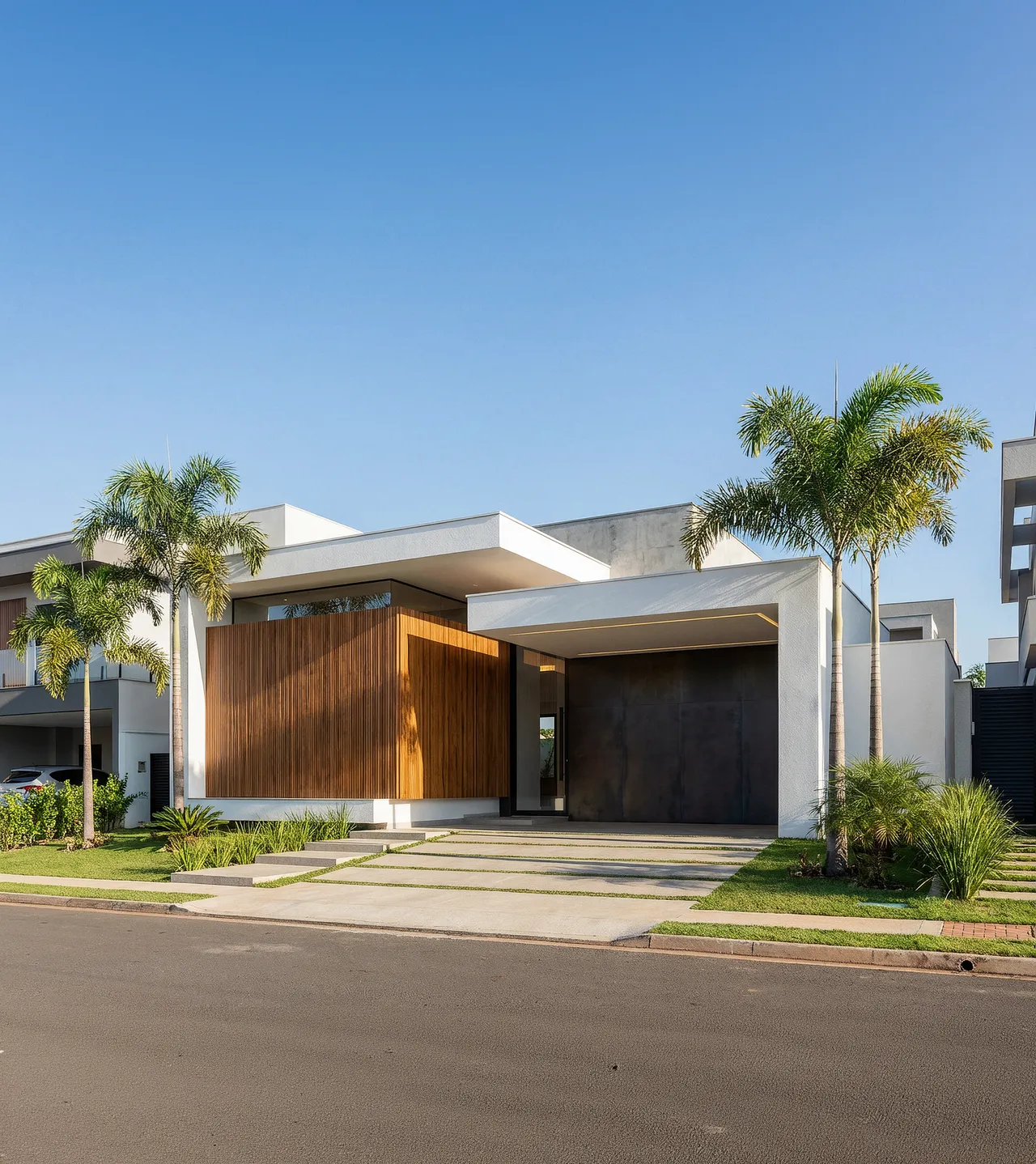 Fachada residencial contemporânea com madeira e paisagismo