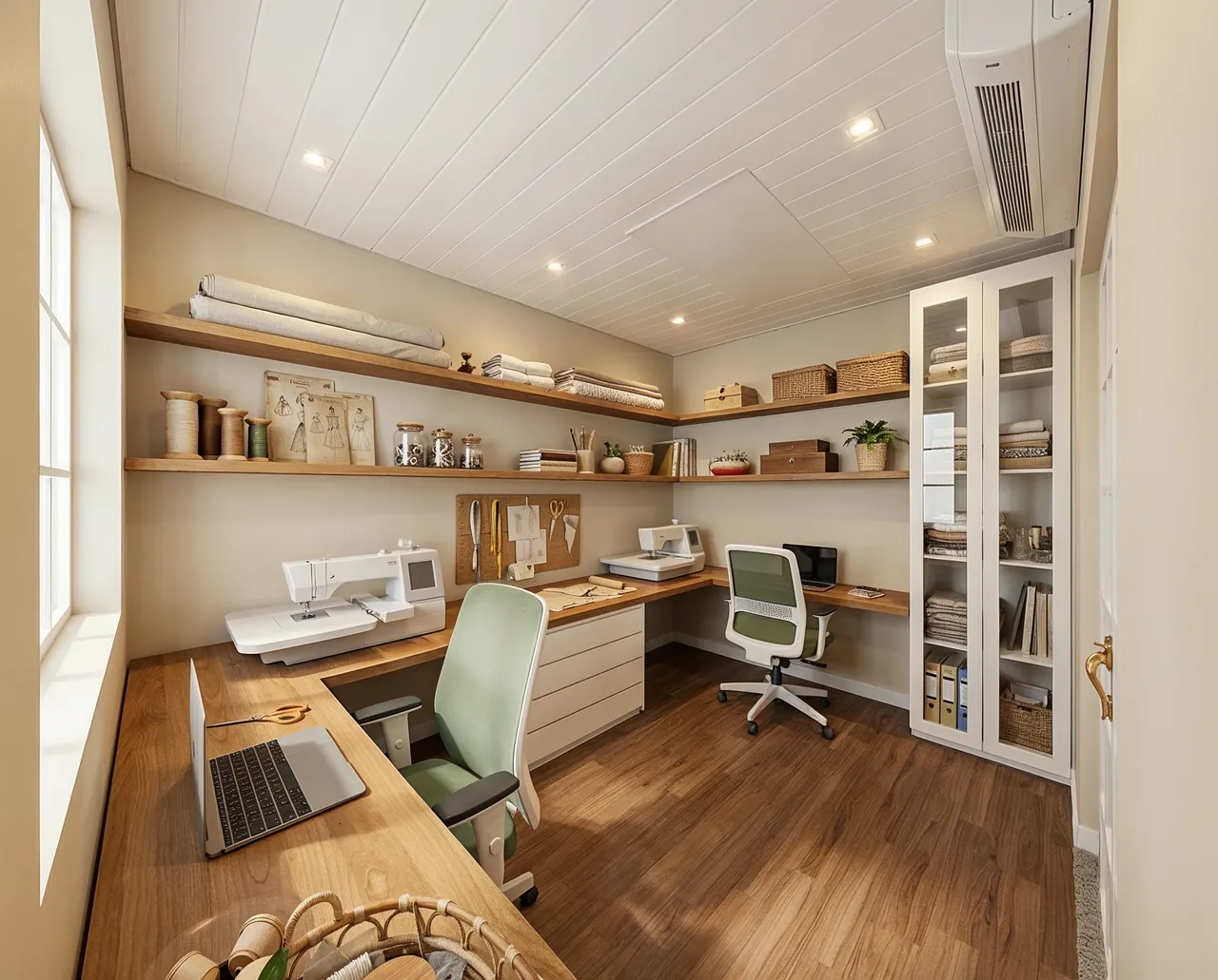 Ateliê e home office com bancada de madeira e marcenaria